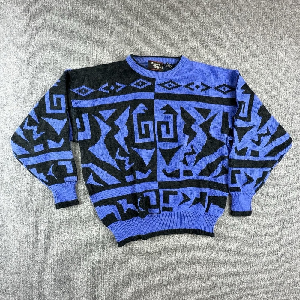 Vintage Rainbow Ridge Sweater Womens 20W Blue Geometric Knit Crewneck Pullover